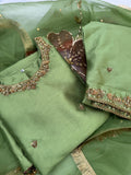 Dilruba Pista - Hand-Embroidered Dabka and Stonework Kameez x Farshi Shalwar x Handpaint duppata